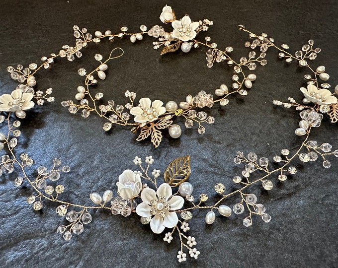 White Flower Hair Vine With Gold Leaves Perfect Wedding Hair Accessory, Customizable Lengths And Many Color Options