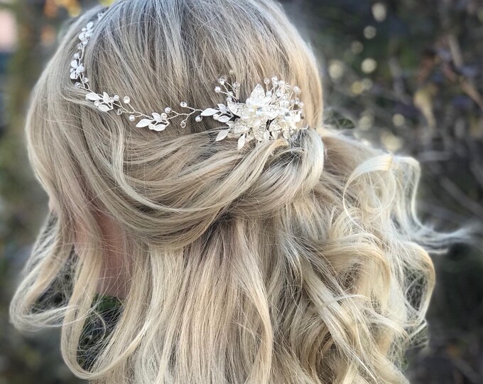 Bridal Hair Accessory With Rhinestone Flowers Pearl & Leaf Accents, Asymmetrical Wedding Hair Vine