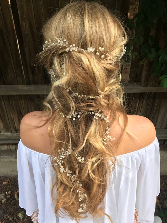 Long Silver Hair Vine With Pearls and Crystals, Wedding Hair  display picture 1