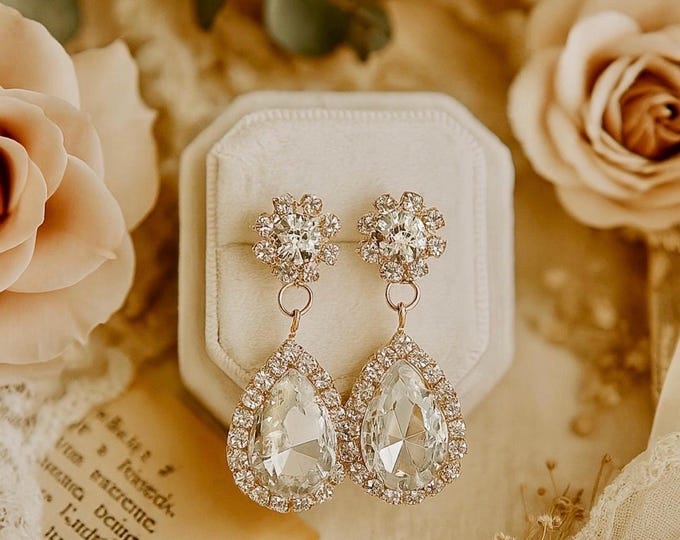 Silver Teardrop Rhinestone Earrings, Crystal Wedding Earrings
