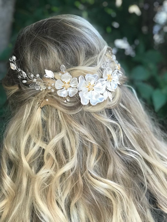 Hippie Flower Girl Hair Jewelry Hair Accessory With White Silver Leaves And Pearl Flowers