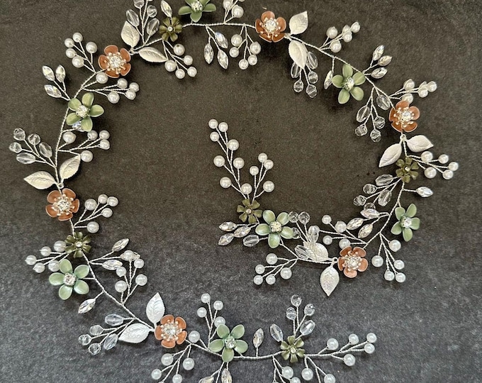 Neutral Earth Toned Hair Vine With Custom Colored Flowers To Match Your Wedding Colors, Bridal Hair Accessory