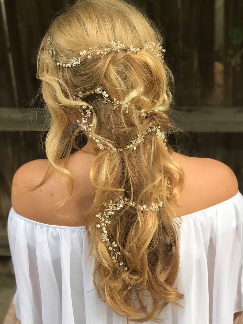 Extra Long Silver Hair Vine, Pearl Hair Vine, Crystal Hair Vine, Wedding Hair Accessory, Bridal Hair Wreath, Rhinestone Hair Vine image 7