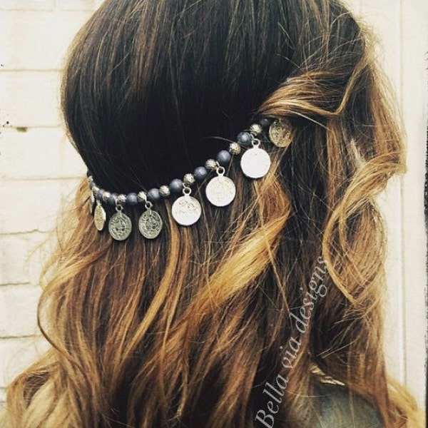 Silver Coin Hair Chain, Hair Jewelry With Grey Beads And Coins