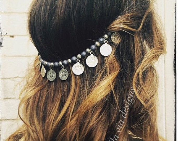 Silver Coin Hair Chain, Hair Jewelry With Grey Beads And Coins