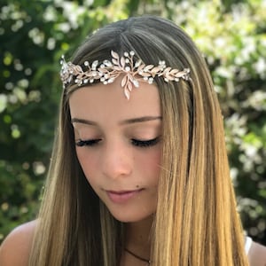 Rose Gold Hair Accessory For Your Flower Girl, Bridal Hair Vine With Leaves And Rhinestones