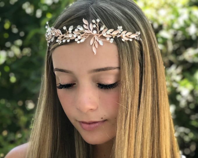 Rose Gold Hair Accessory For Your Flower Girl, Bridal Hair Vine With Leaves And Rhinestones