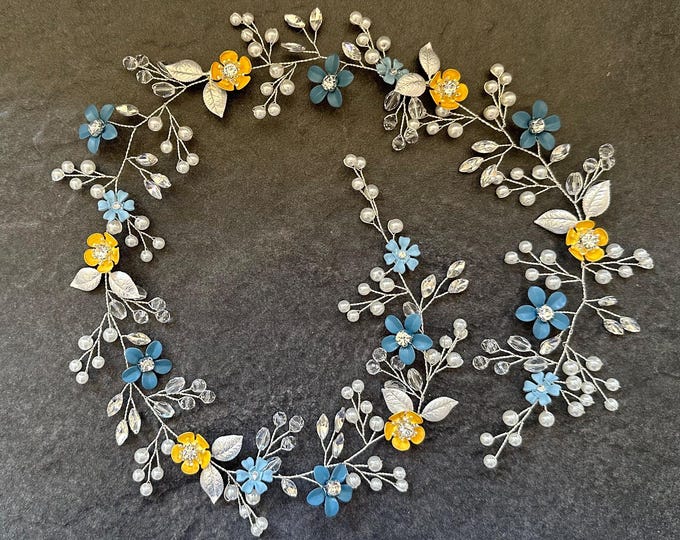 Sunflower And Blue Flower Wedding Colors, Hair Accessory With Custom Flower Colors