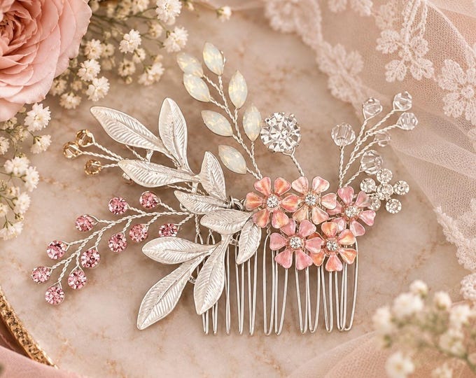 Silver And Pink Bridal Hair Comb For Your Magenta Wedding