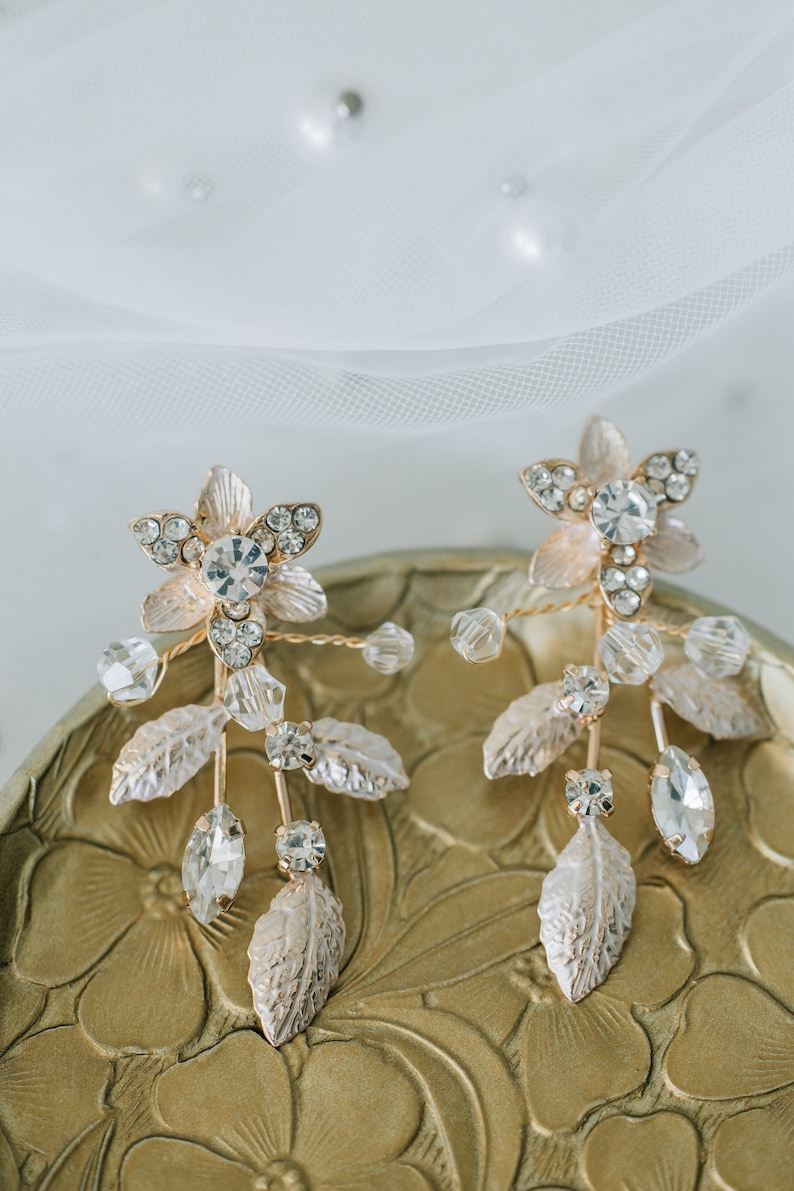 Floral Earrings In Gold Silver And Rose Gold With Rhinestone Details image 10