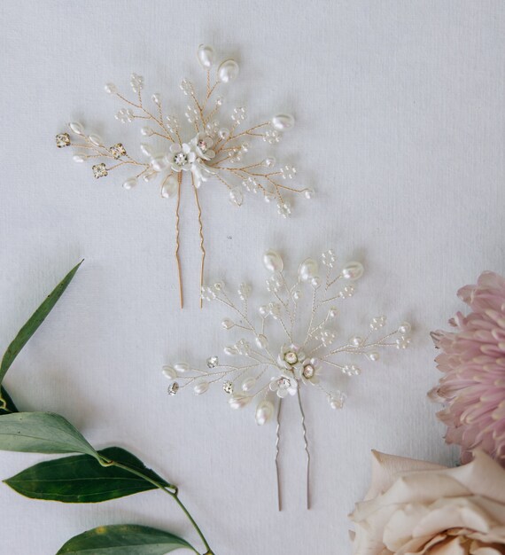 Bridal Pearl Hair Pin, Flower Hair Pin, Silver Hair  display picture 1