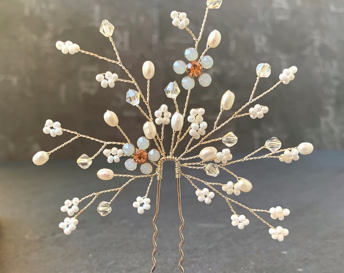 Silver Bridal Hair Pin With Pearl Baby's Breath And Delicate Accent Flowers With a Hint Of Rose Gold In The Center Rhinestone