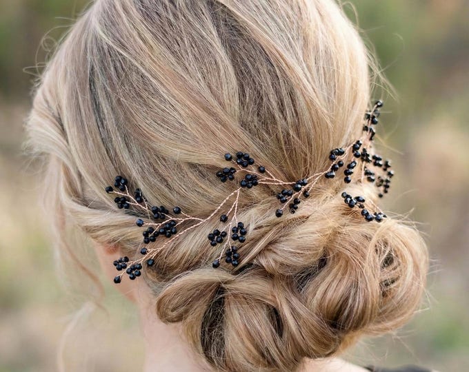 Black Beaded Baby’s Breath Hair Vine – Bridal Hair Accessory for Black Weddings