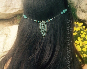 Turquoise Hair Chain, Boho Head Jewelry Accessory With Turquoise Beads, Boho Hippie Hair Accessory, Renaissance Festival