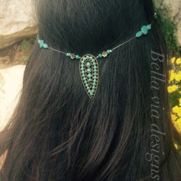 Turquoise Hair Chain, Boho Head Jewelry Accessory With Turquoise Beads, Boho Hippie Hair Accessory, Renaissance Festival