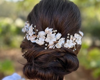 Large Flower Hair Comb With Soft White Flowers And White Gold Leaves