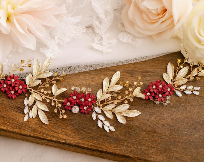 Red Berry And Gold Accessory With Custom Colored Metal Flowers, Perfect For A Holiday Bride