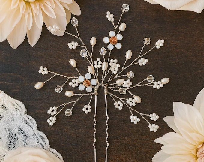 Baby's Breath Hair Pin With Delicate Flower Accents, Rose Gold Or Clear Crystals