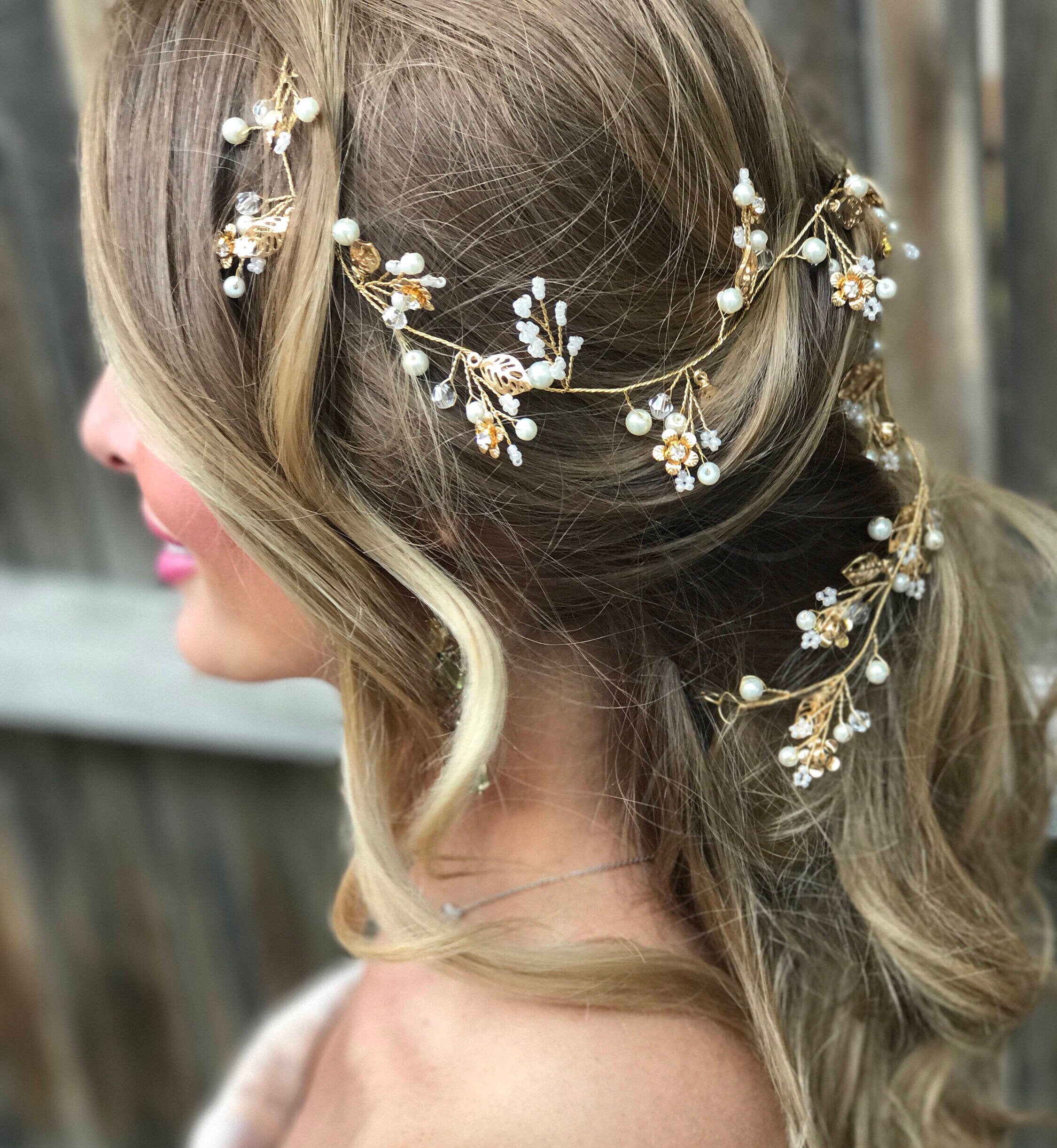 Gold Wedding Hair Vine Pearl Hair Vine Leaf Hair Vine Etsy