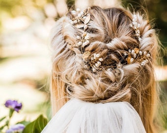 Gold Pearl Hair Vine With Gold Leaves And Rhinestone Accents. Wedding Hair Vine, Matching Hair Pin