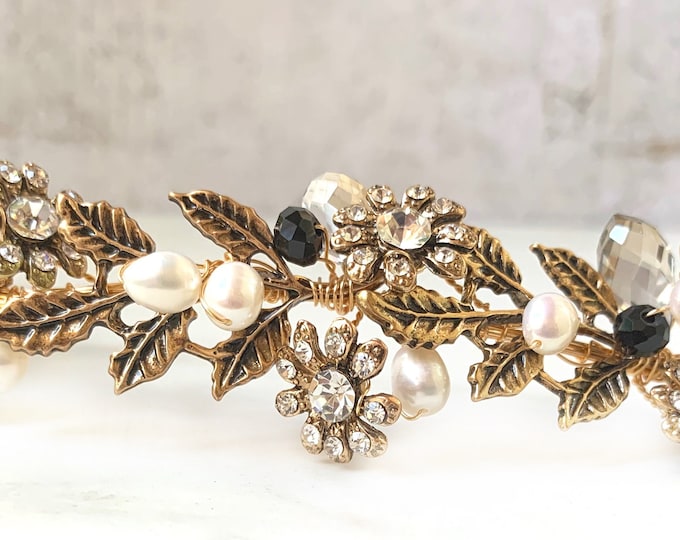Antique Gold Hair Vine With Black Accent Crystals. Vintage Inspired Hair Accessory