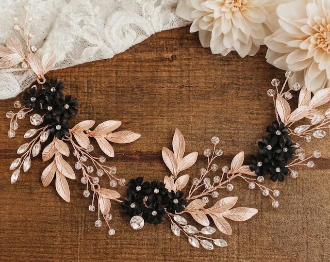Black & Rose Gold Floral Hair Accessory with Personalized Flower Colors to Match Your Dress Bouquet Or Wedding Palette