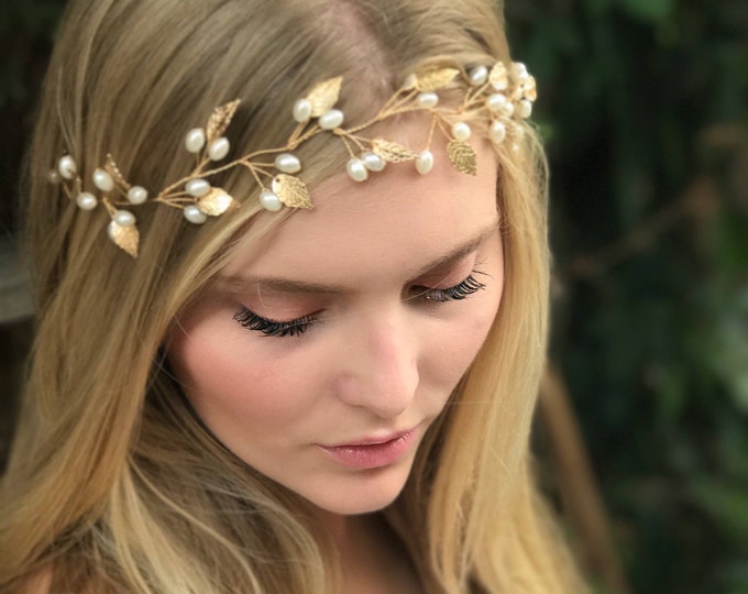 Leaf Hair Accessory, Golden Leaf Hair Vine, Grecian Hair Accessory, Pearl Wreath Headband, Ivy Hair Crown