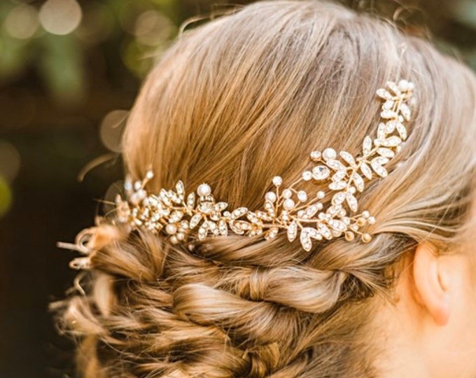 Gold Sparkly Rhinestone Hair Vine With Jeweled Leaves And Accent Pearls, Bridal Hair Accessory