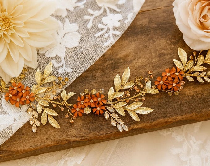 Custom Bridal Hair Accessory With Custom Colored Metal Flowers And Leaves, Perfect For A Spring Bride