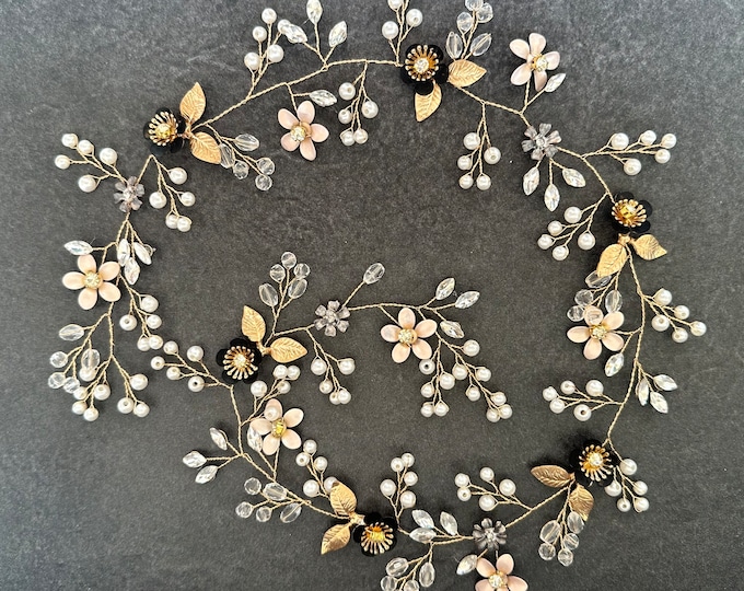 Black and Gold Floral Elegance: Long Hair Vine for a Stunning Black Wedding, Customizable  Flower Colors