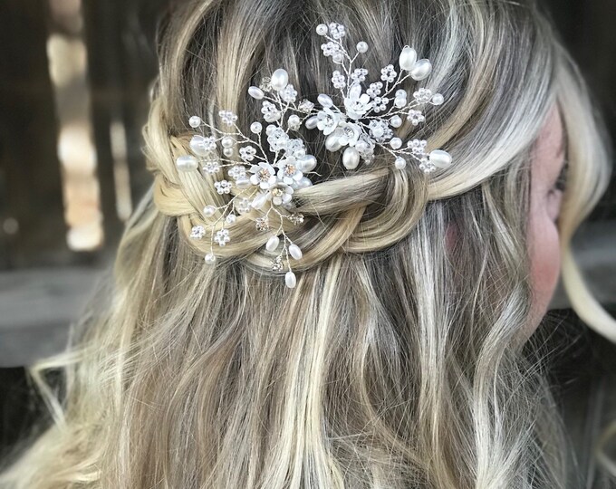 Bridal Pearl Hair Pin, Flower Hair Pin, Silver Hair Accessory, Bridal Hair Accessory, Wedding Hair Clip