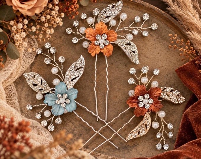 Rust & Dusty Blue Hair Pins Custom Made To Match Your Wedding Palette, Bridesmaid Hair Accessory Gift