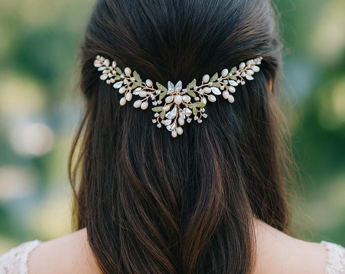 Rose Gold With Green Leaves, Hair Clip With Pearls And Rhinestones – Bridal Accessory With Custom Leaf Color
