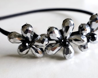 Black Headband With Silver Flowers