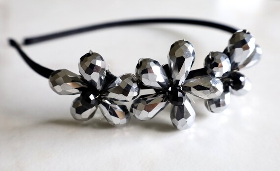 Black Headband With Silver Flowers - Etsy