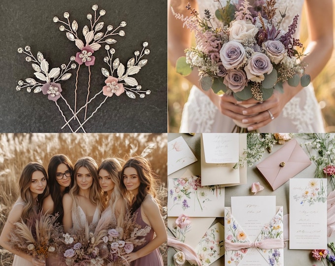 Dusty Purple & Pink Flower Hair Pins: The Perfect Bridesmaids Gift, Personalized Flower And Leaf Colors