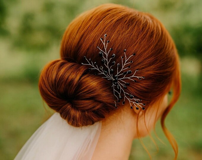 Black Wedding Hair Accessory. Silver And Black Hair Pin