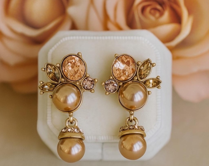 Champagne Rose Gold And Colored Pearl Earring With Rhinestones