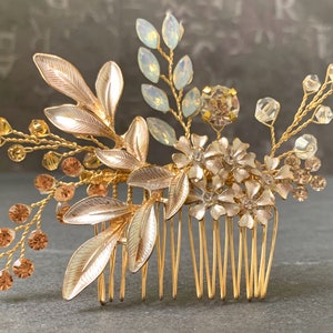 Rose Gold Flower Hair Comb With White Gold Flowers And Accent Crystals