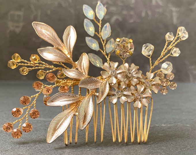 Rose Gold Flower Hair Comb With White Gold Flowers And Accent Crystals
