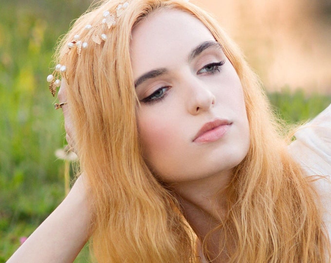 Golden Leaf Hair Accessory For The Grecian Goddess, Made With Accent Pearls,  Wreath Headband, Ivy Hair Crown