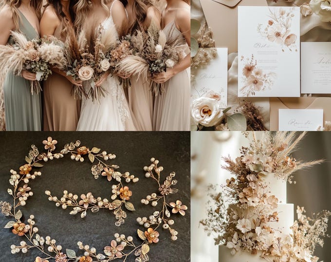 Neutral Earth Toned Hair Vine With Custom Colored Flowers To Match Your Wedding Colors, Bridal Hair Accessory
