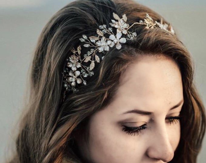 Floral Bridal Headband With Metal Flowers, Flowers May Be Customized To Any Color, Wedding Hair Accessory