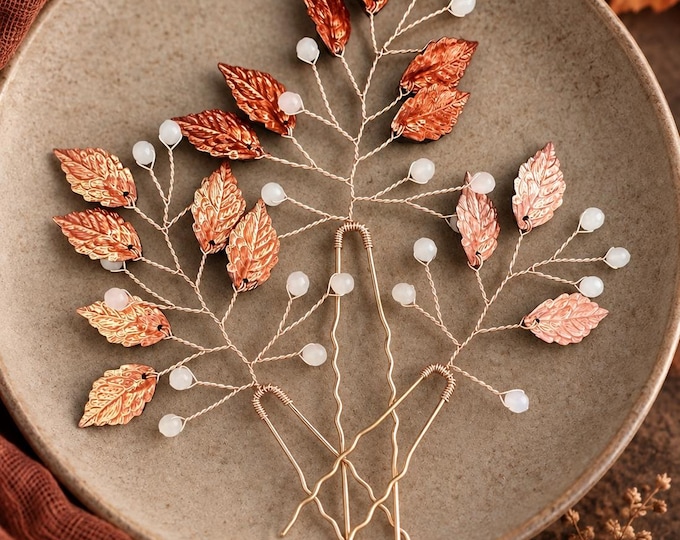 Terra Cotta And Copper Leaf Hair Pins Custom Colors Available, Hair Accessories That Match Your Wedding Palette