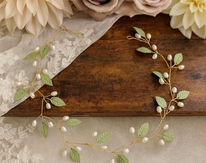Pistachio Green Leaf Hair Vine, Custom Shades for Bridal & Prom |Nature Inspired Leaf Headband, Boho Rustic Wedding
