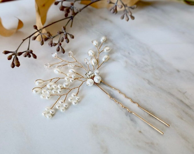 Gold Pearl Hair Pin With Crystal Accents, Perfect Bridesmaid Hair Accessory