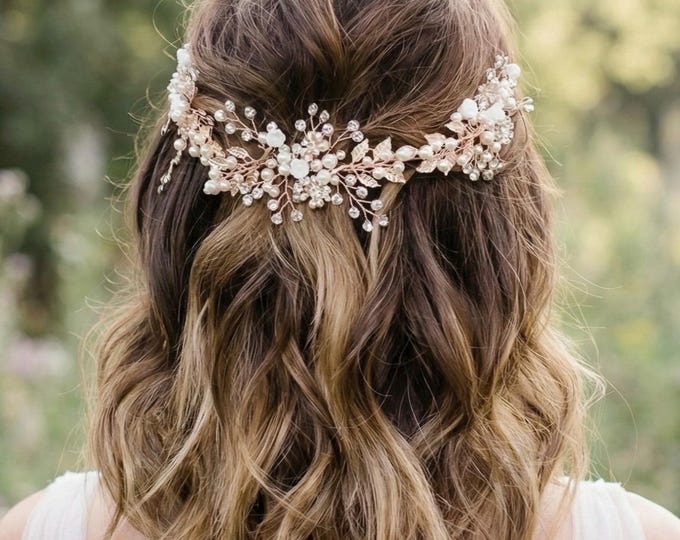 Crystal Floral Wedding Hairpiece with Pearl Accents, Rhinestone Leaf Hair Vine, Gold Silver Rose Gold