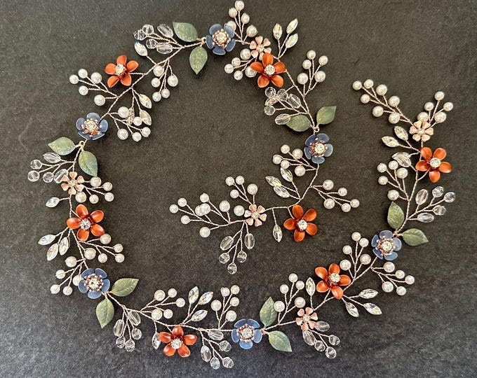 Burnt Orange & Blue Flower Hair Vine To Match Your Rustic Inspired wedding Colors, Hair Accessory With Custom Flower Colors