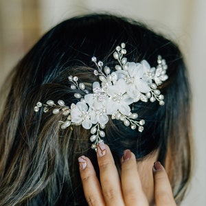 White Chiffon Flower Hair Clip With Rhinestone & Pearl Accents