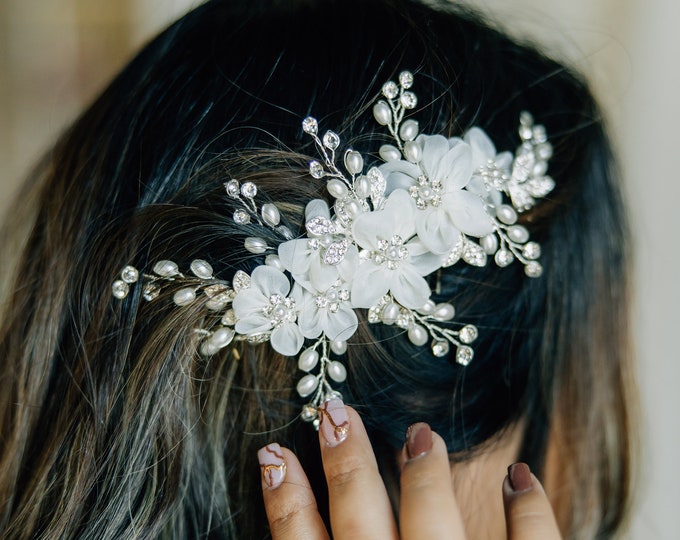 White Chiffon Flower Hair Clip With Rhinestone & Pearl Accents